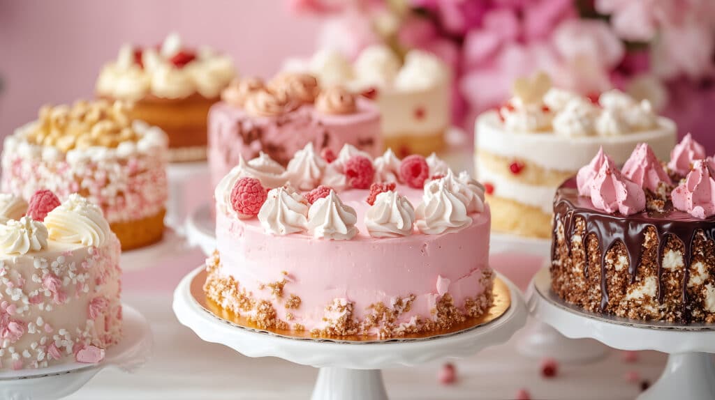 trays of eight pink, white, and brown frosted cakes with raspberries and chocolate